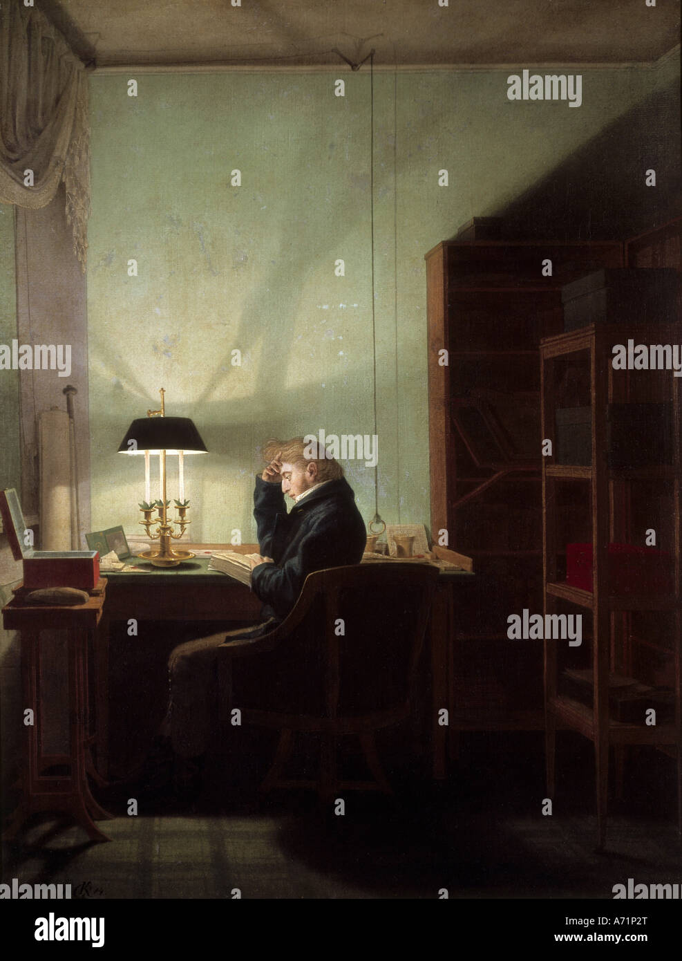 "Belle Arti, Kersting, Georg Friedrich (1785 - 1847), pittura, 'Lesender bei Lampenlicht' ('muna lettura alla luce artificiale'), 18 Foto Stock