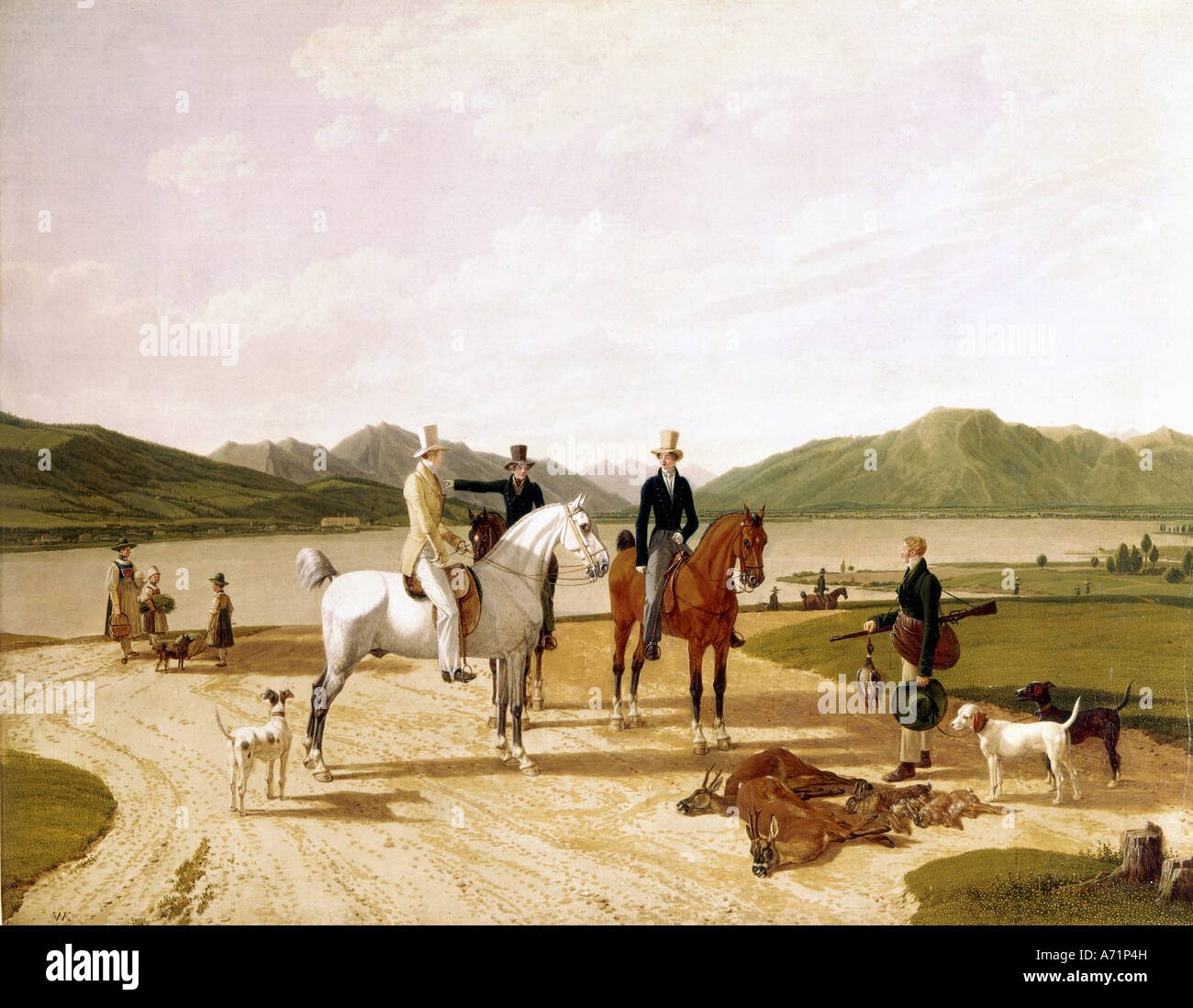 "Belle Arti, Kobell Wilhelm von, (1766 - 1855), pittura, 'Jagdgesellschaft am Tegernsee' ('la caccia parte sul lago Tegernsee" Foto Stock