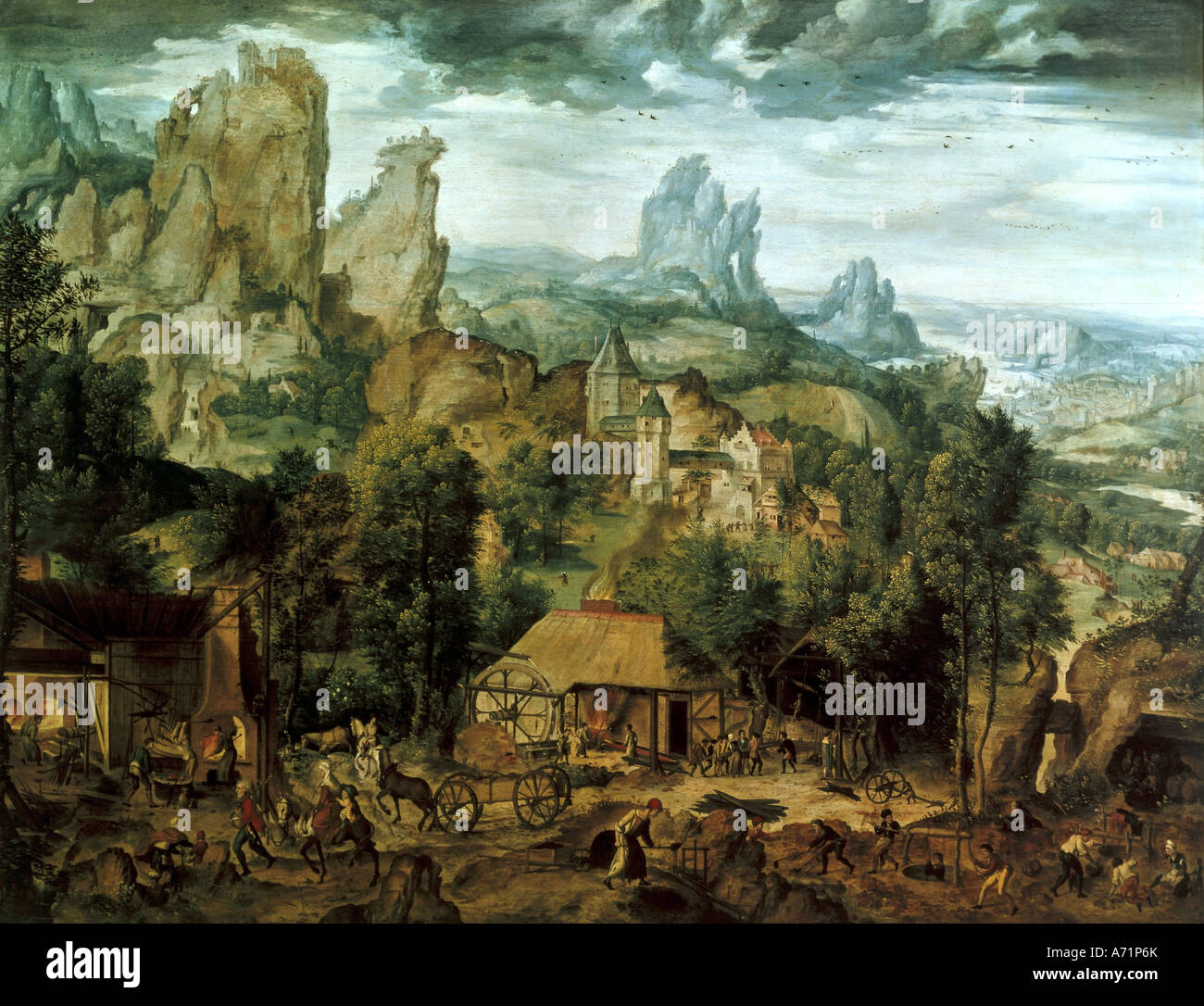 "Belle Arti, ble, Herri met de, (circa 1500 - 1550 / 1560), pittura, 'paesaggio con ironworks', galleria nazionale, Praga, hi Foto Stock