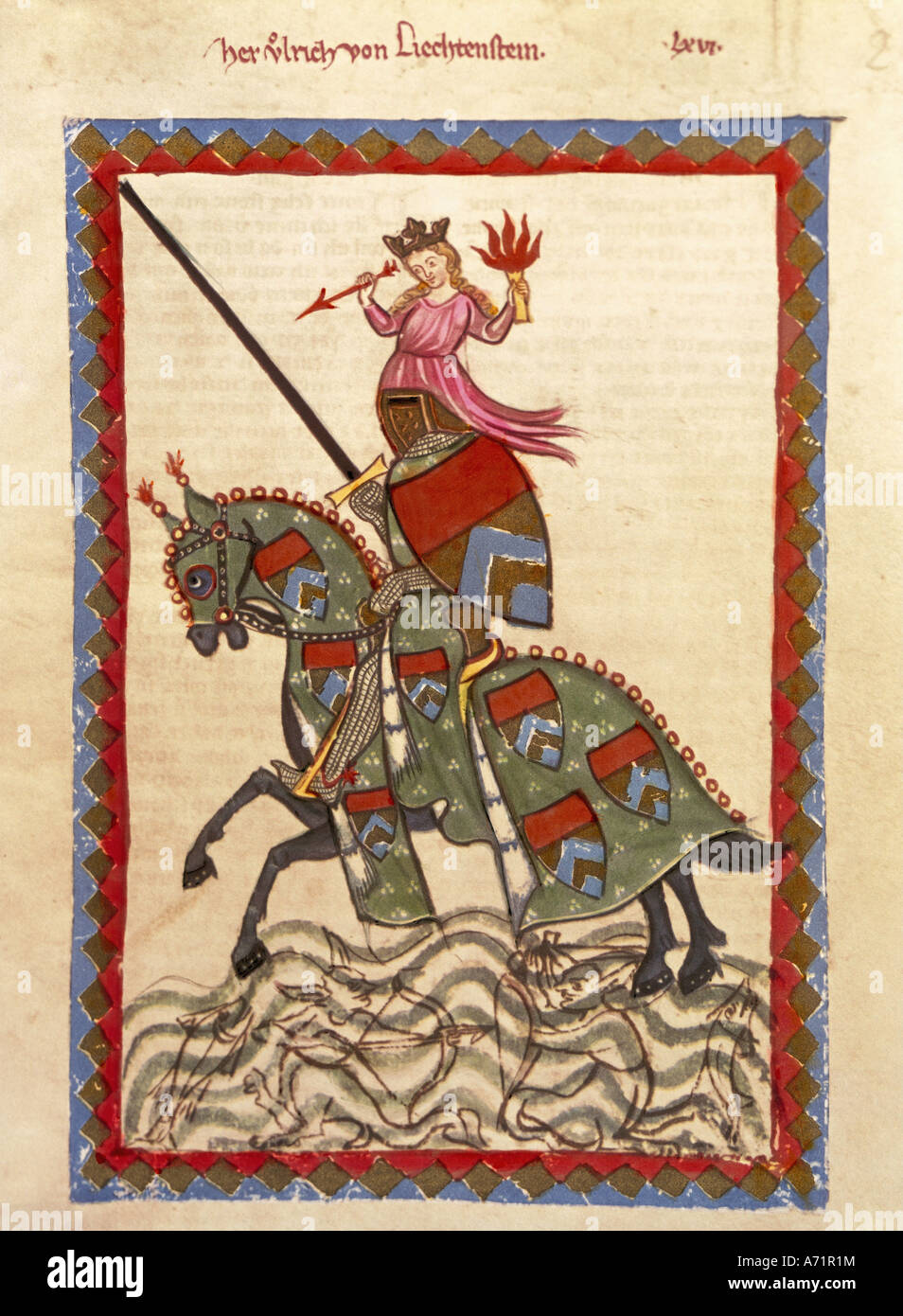 Belle arti, medioevo, gotico, illuminazione, Codex Manesse, Zurigo, 1305 - 1340, Ulrich von Liechtenstein (circa 1200 - 1275), Foto Stock