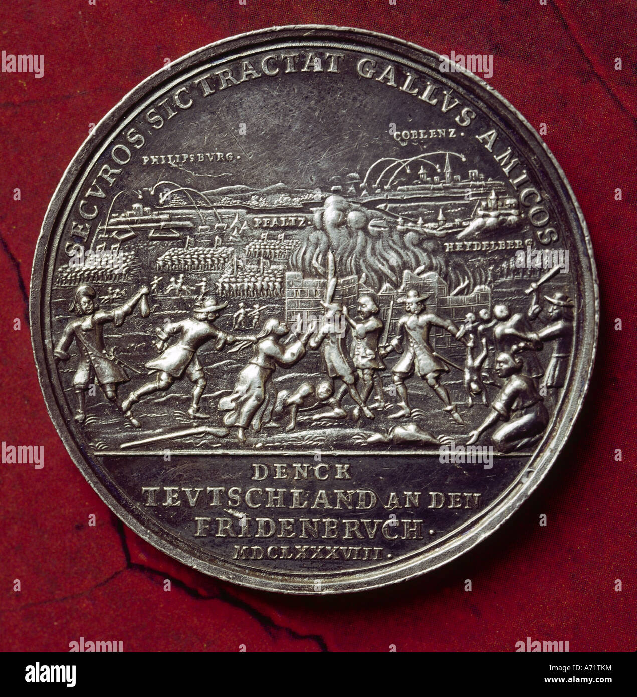 Eventi, Guerra Dei Nove Anni 1688 - 1697, distruzione del Palatinato da parte delle truppe francesi sotto il Generale Melac, moneta commemorativa tedesca, 1688, Museo Palatinato, Heidelberg, storico, storico, Guerra di successione Palatiniana, Orleans guerra, sindacati, Francia, fortezza di Philippsburg, Koblenz, soldati saccheggi, numismatica, 17th secolo, Foto Stock
