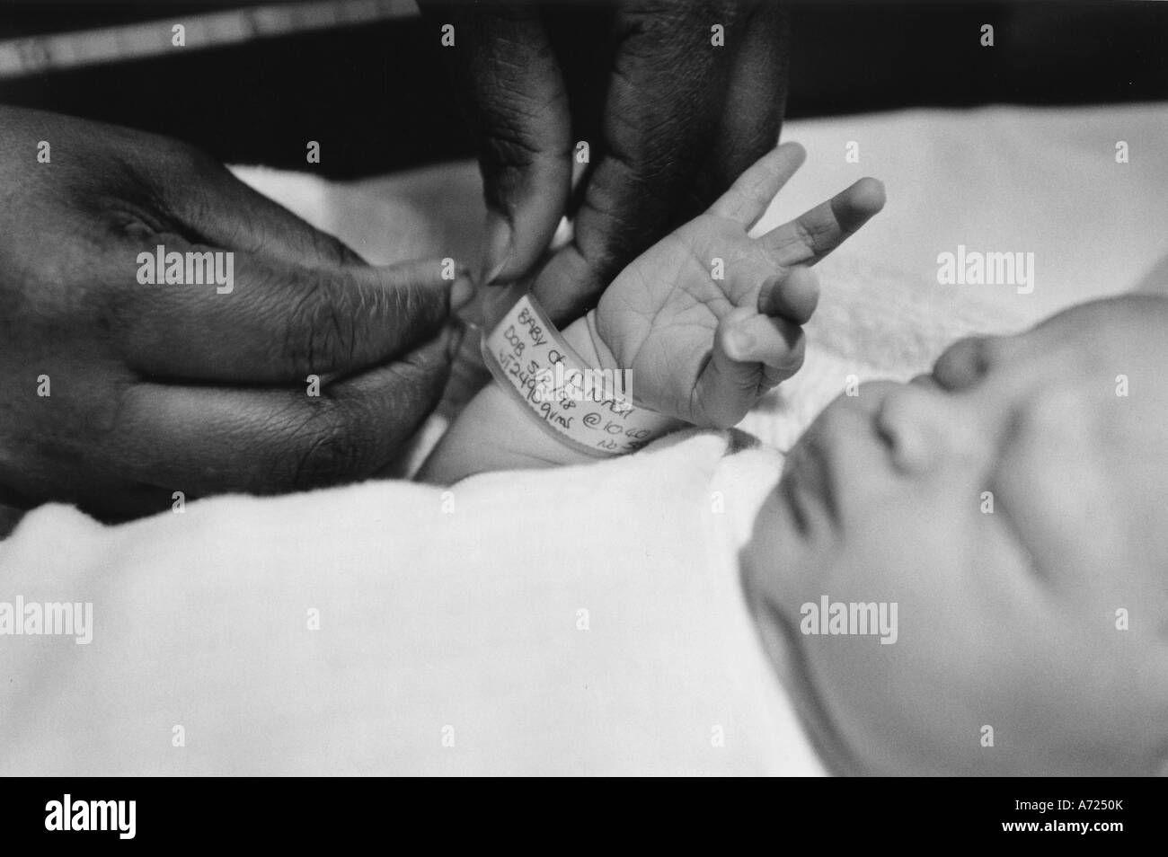 Il Royal Free Hospital di Londra un infermiere pone I D tag su un neonato per evitare confusione Foto Stock