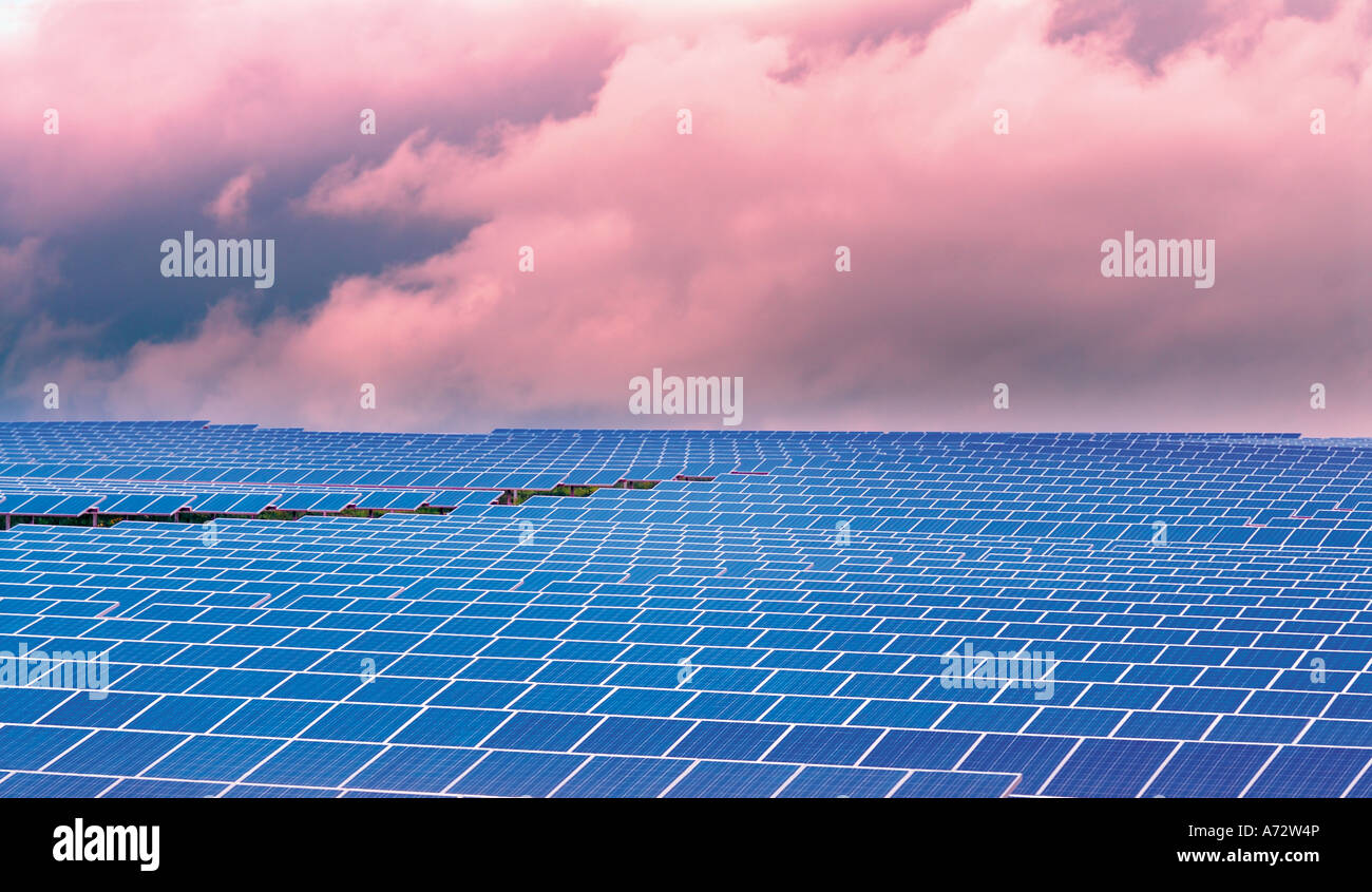 Le celle solari rivolta al sole presso il più grande Parco Solare di Europa, Brinches, Serpa, Alentejo, Portogallo Foto Stock