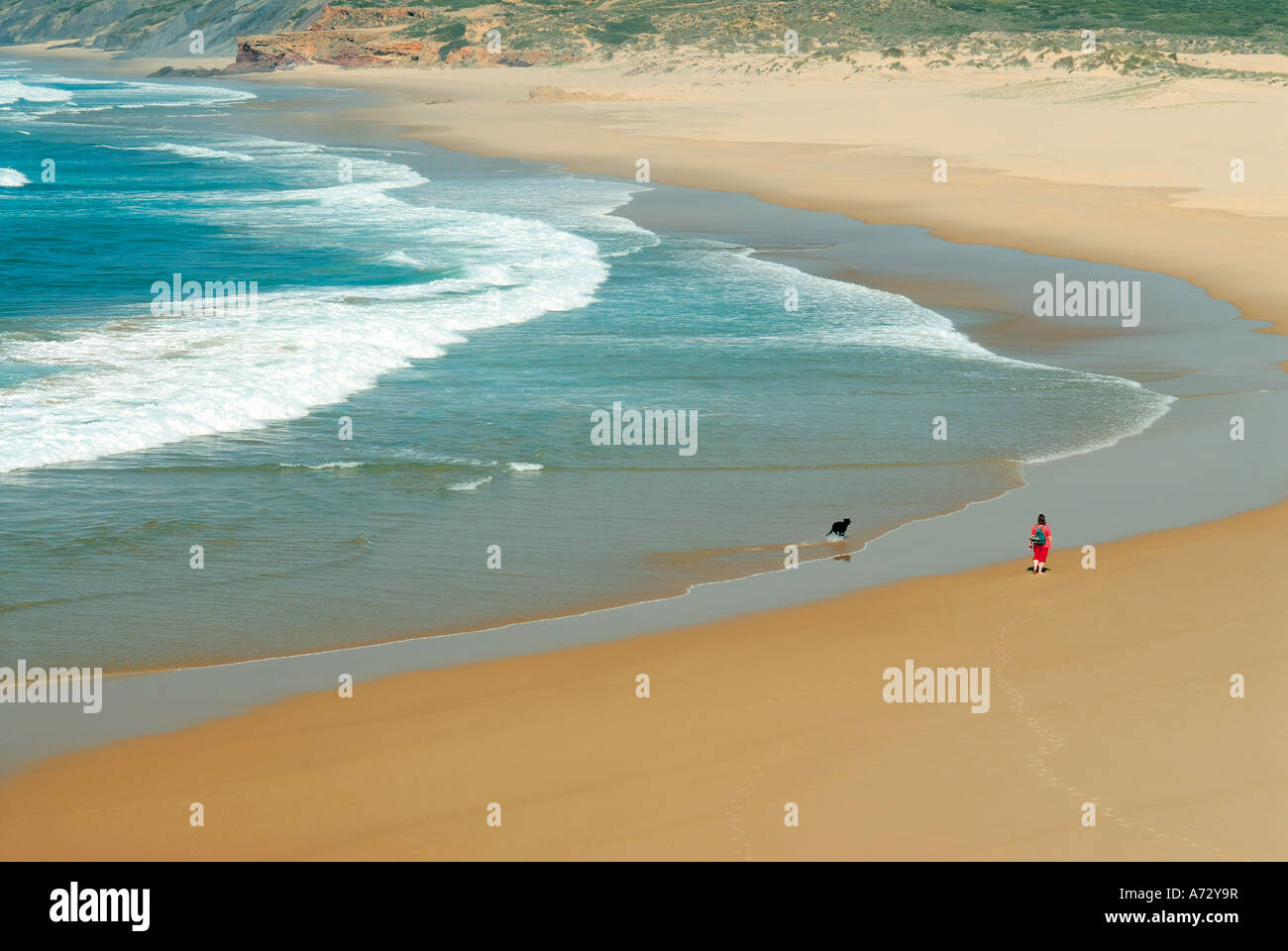 Donna con cane in spiaggia Praia da Bordeira, Carrapateira, Costa Vicentina, Algarve, PORTOGALLO Foto Stock
