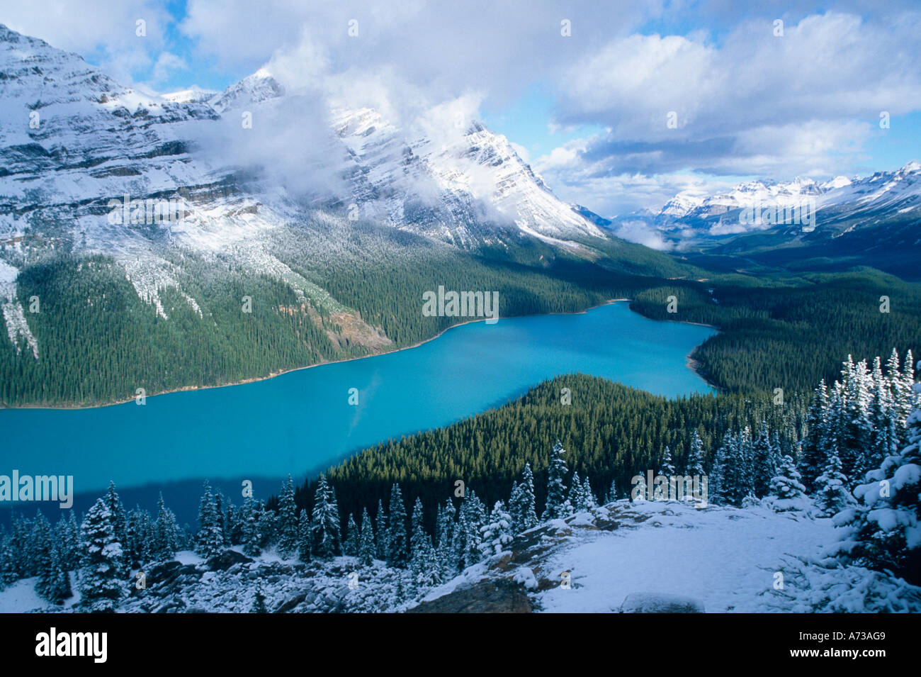 Il Lago Peyto nella valle Mistaya con vertice di prua, Canada, Alberta Foto Stock