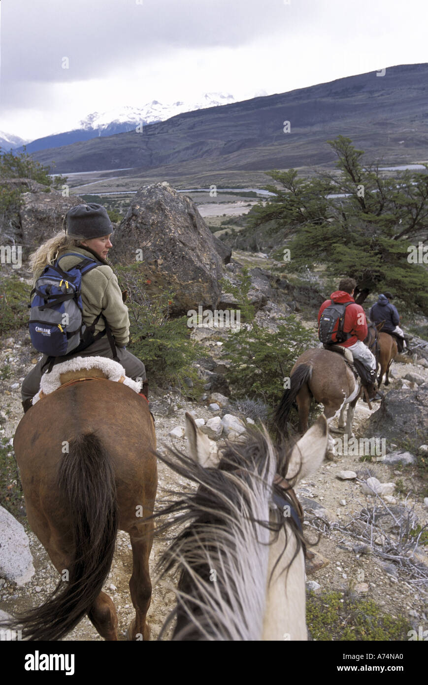 Argentina, Patagonia, Los Glaciares NP, Santa Cruz, a cavallo in perpetuo vento andino nei pressi del lago di Argentina Foto Stock