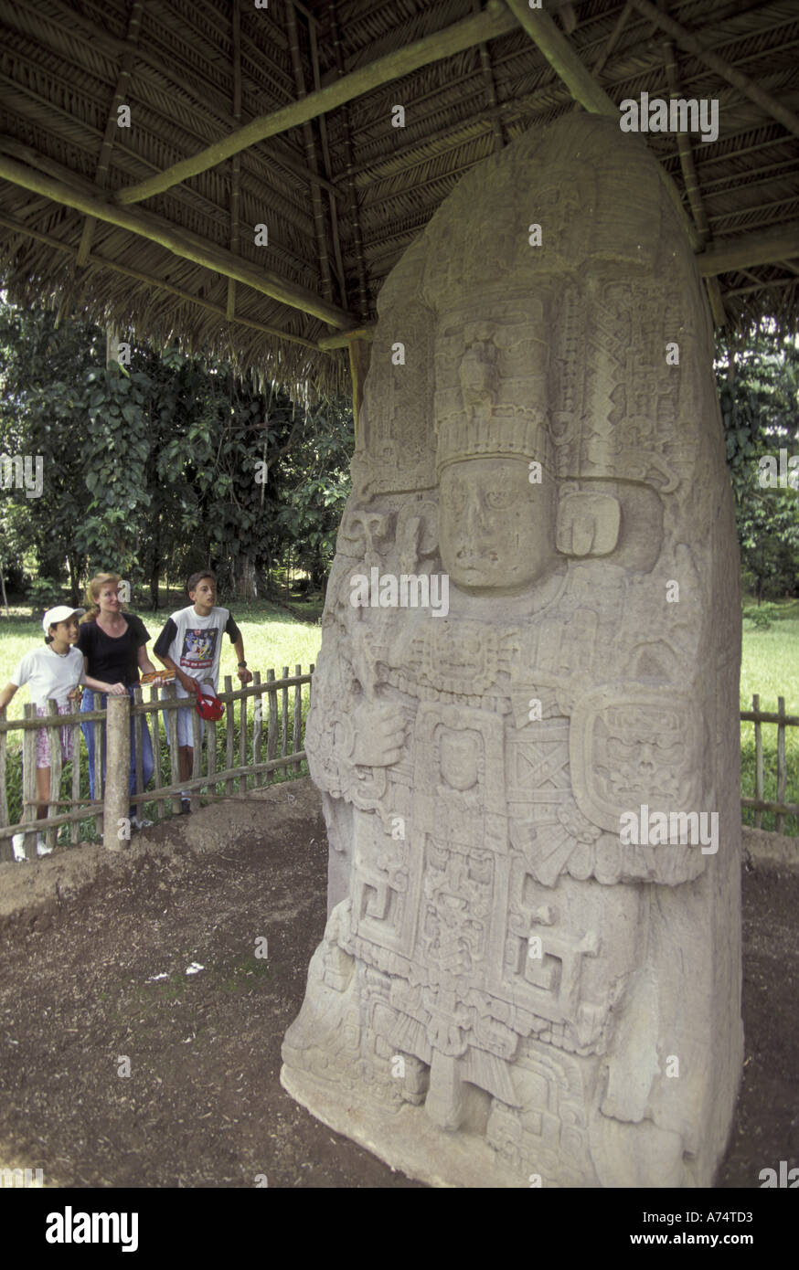 America centrale, Guatemala, Pianure orientali. Antica Stelaes Maya presso il sito cerimoniali di Quirigua Foto Stock