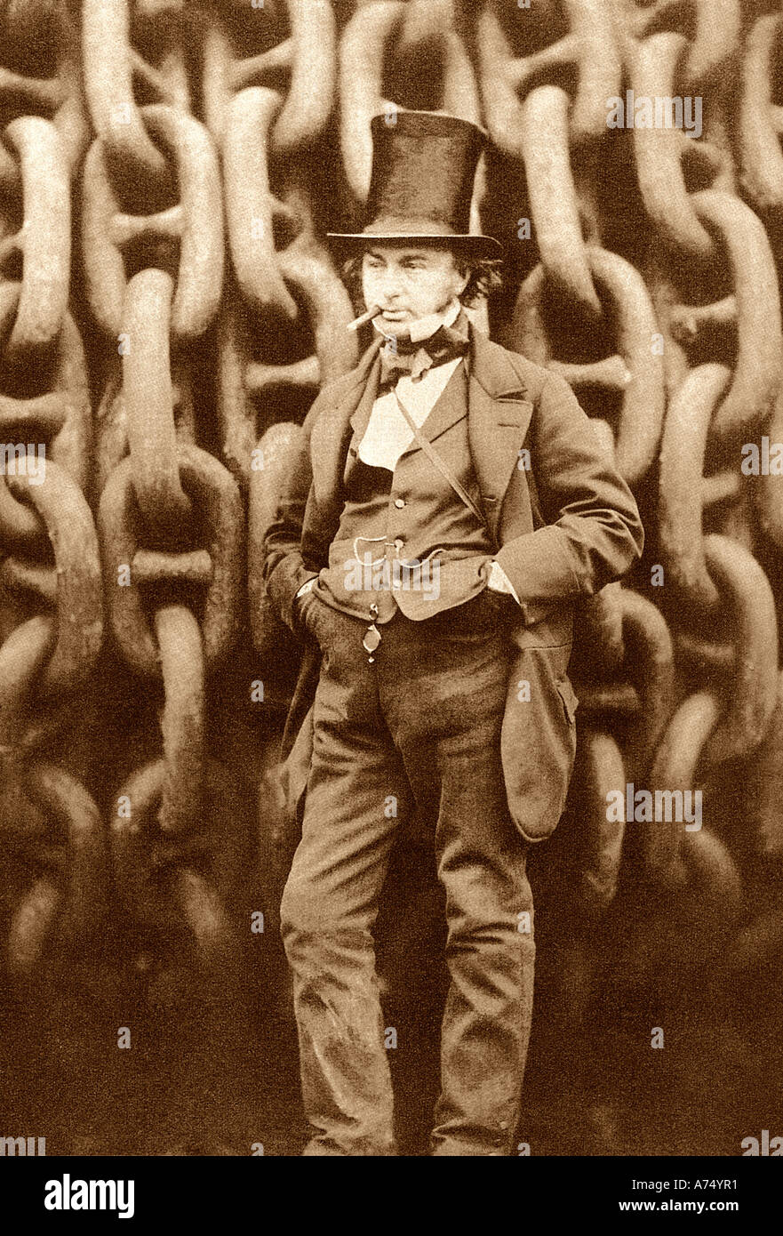 ISAMBARD KINGDOM BRUNEL ingegnere e inventore inglese 1806 al 1859 di fronte al lancio di catene di Great Eastern Foto Stock