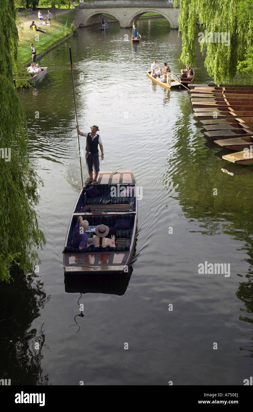Punting sul fiume Cam sul dorso all'Università di Cambridge, Inghilterra Foto Stock