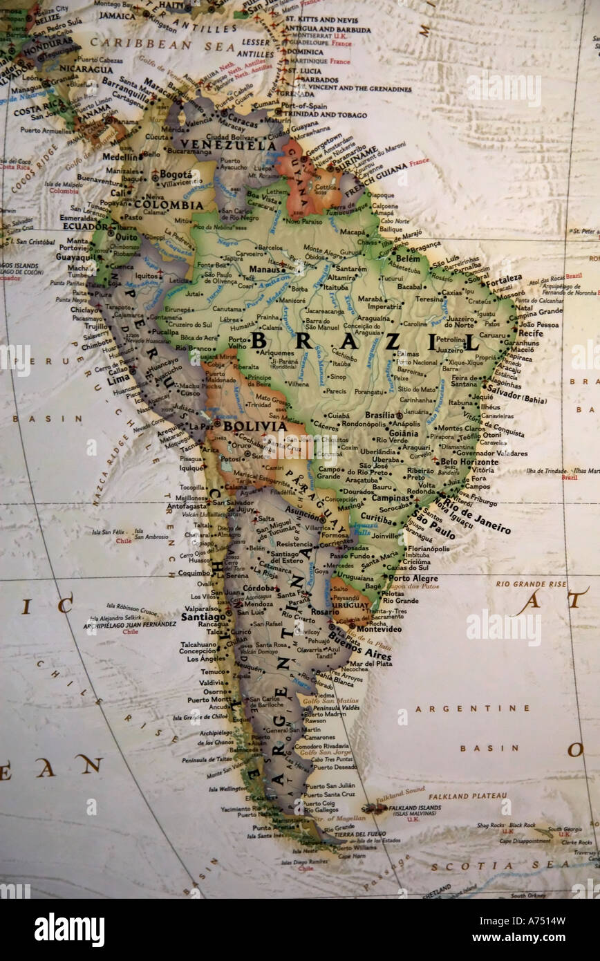 Una vista ravvicinata del Sud America e parti dell America Centrale, su di un alta qualità mappa del mondo. Foto Stock