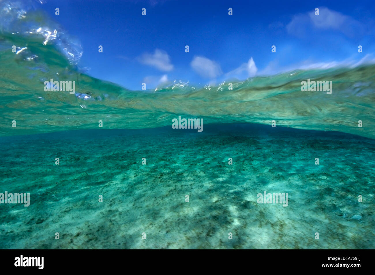 Immagine sdoppiata del fondo di sabbia e cielo Rongelap atollo delle Isole Marshall Micronesia Foto Stock