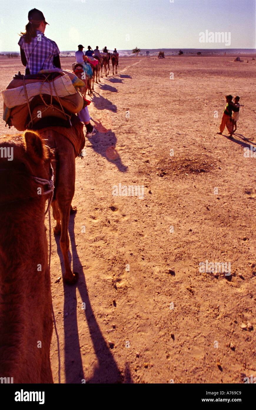 Camel caravan e locale a guardare i bambini Foto Stock