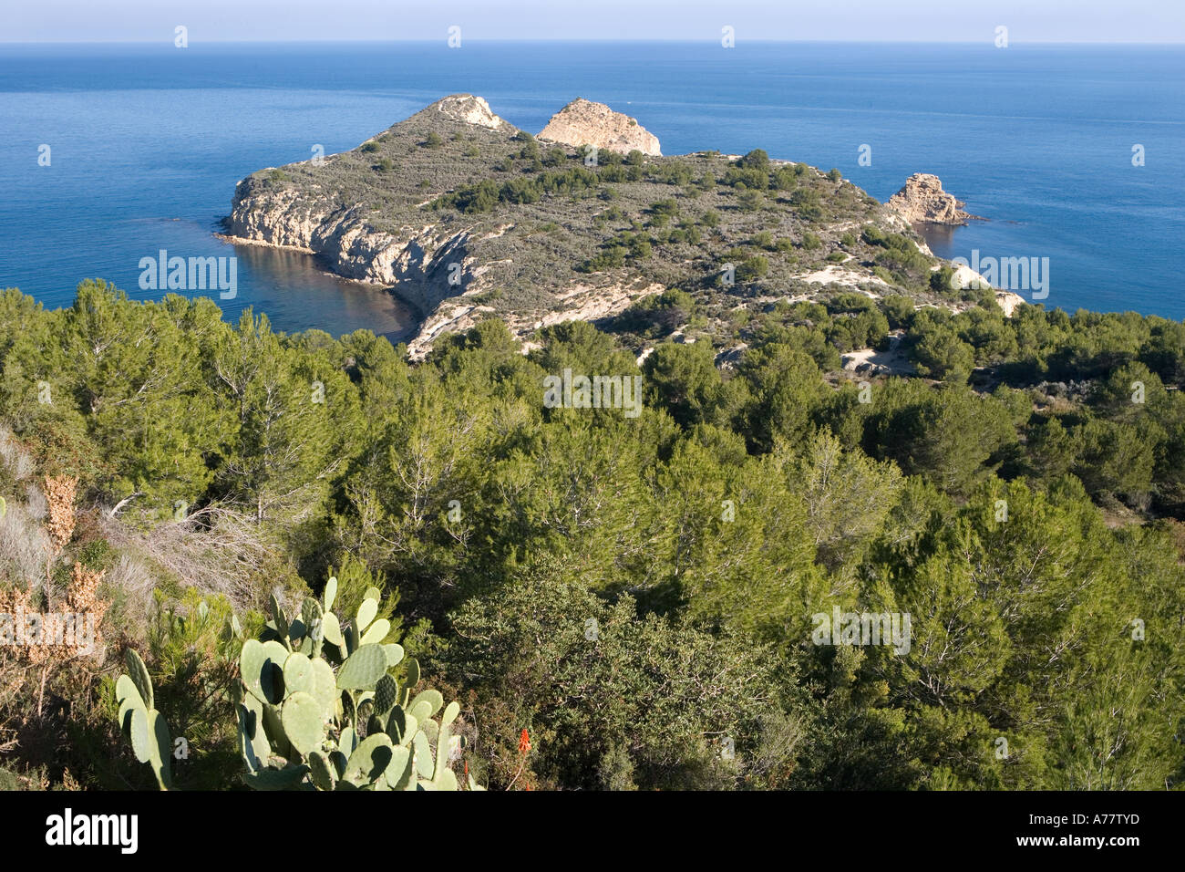 Spagna Costa Blanca, Alicante, Javea, vista del cappuccio Prim e Cala Sardinera Foto Stock