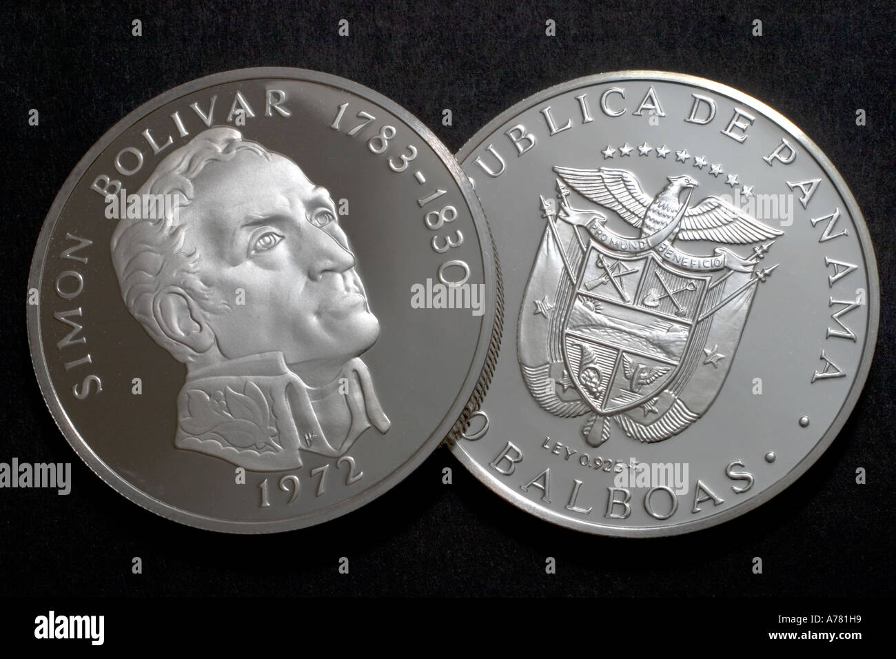 1972 20 Balboa Panama Coin che mostra Simon Bolivar e la retromarcia Crested Eagle lato. Foto Stock