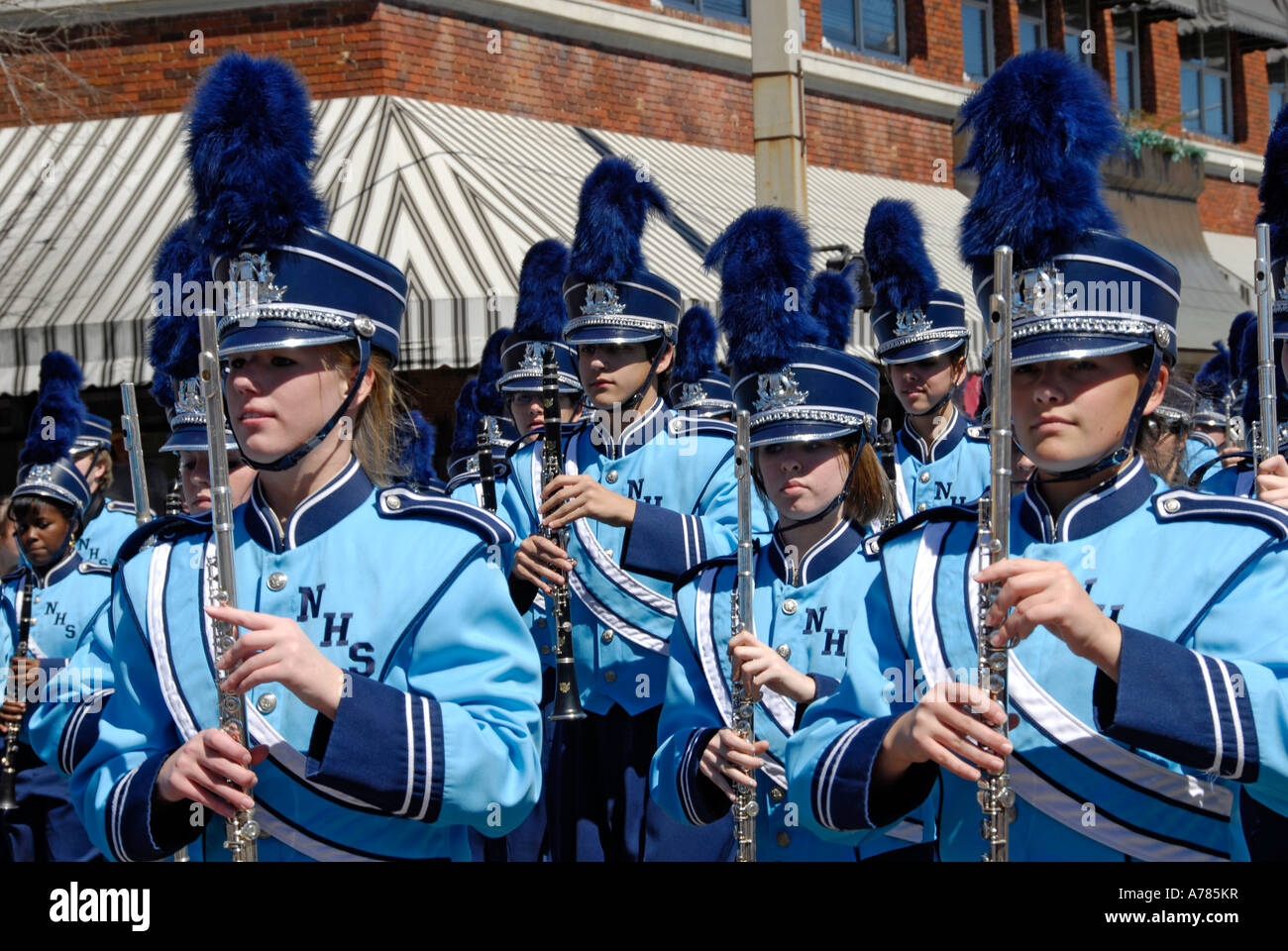 High School Marching Band partecipare al Festival di fragola Parade Plant City Florida FL FLA USA US Foto Stock