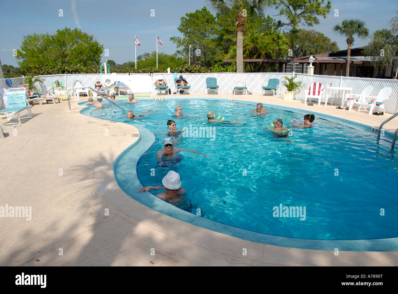 I cittadini anziani godendo di Piscina in Ruskin Tampa Florida Hillsborough County Golfo Occidentale Centrale Foto Stock
