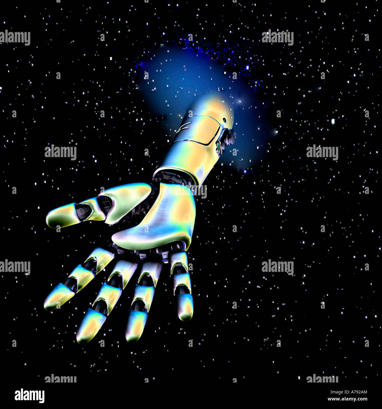 Mano robotica e il braccio del 3D generata da computer di carattere robot miscelato su vista notturna di star clusters Foto Stock