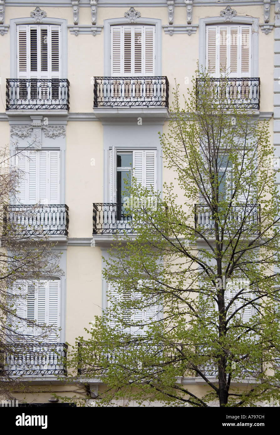 Tradizionali balconi e finestre con persiane che si affacciava su Plaza con alberi Granada Spagna Foto Stock