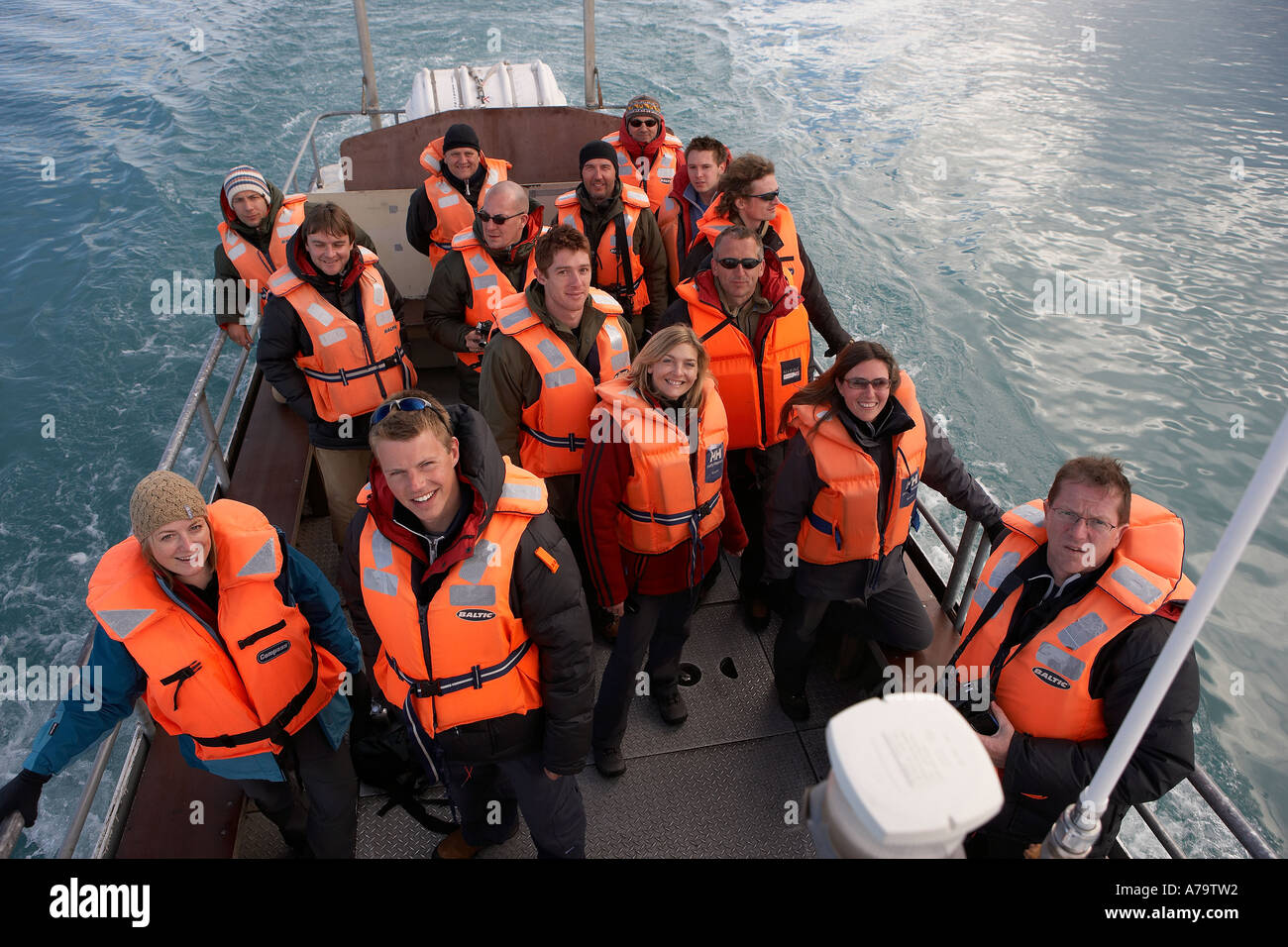 Tour in barca sul Jokulsarlon laguna glaciale, Islanda Orientale Foto Stock
