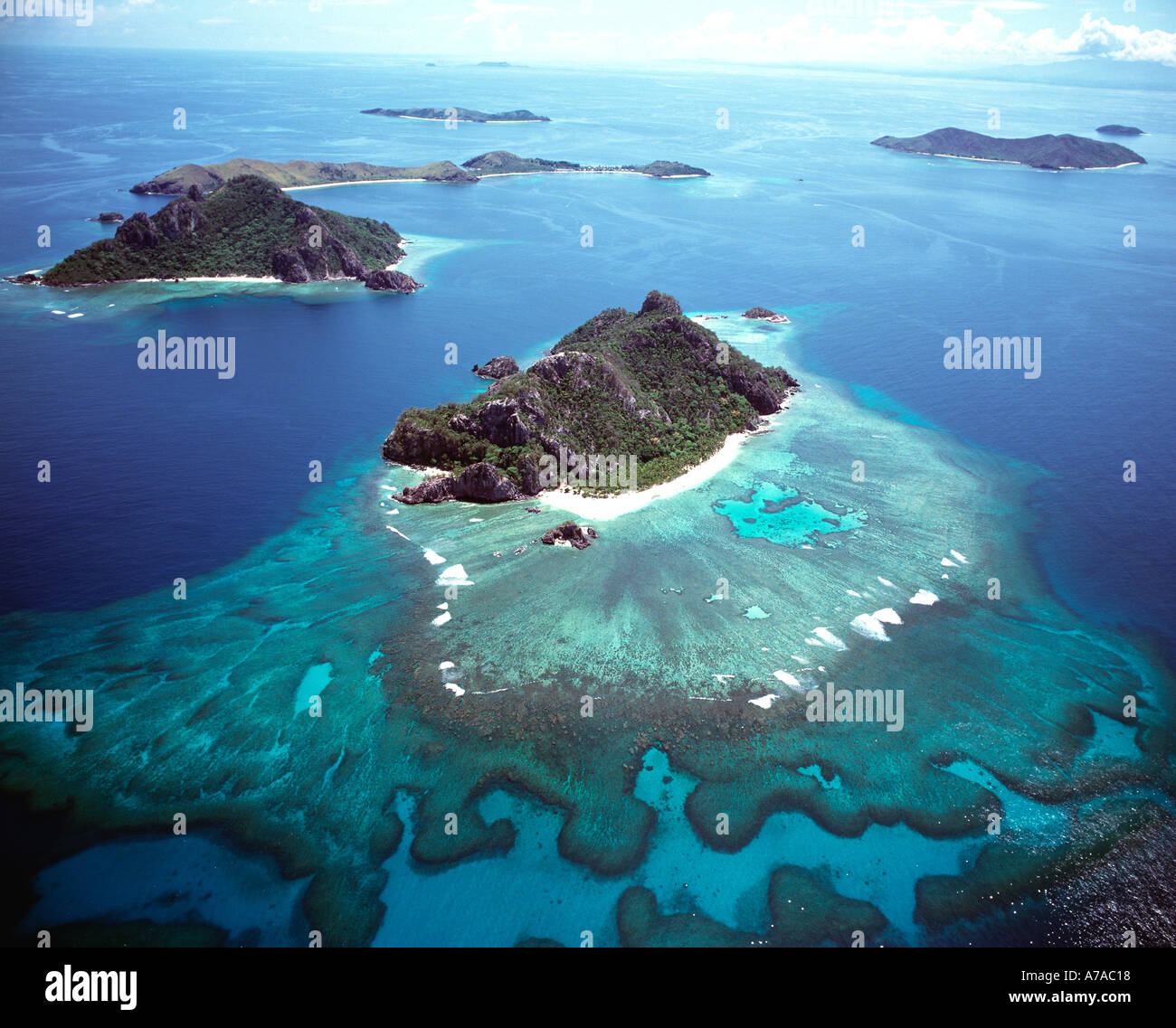 Vista aerea gruppo di isole di Mamanuca Fiji Foto Stock