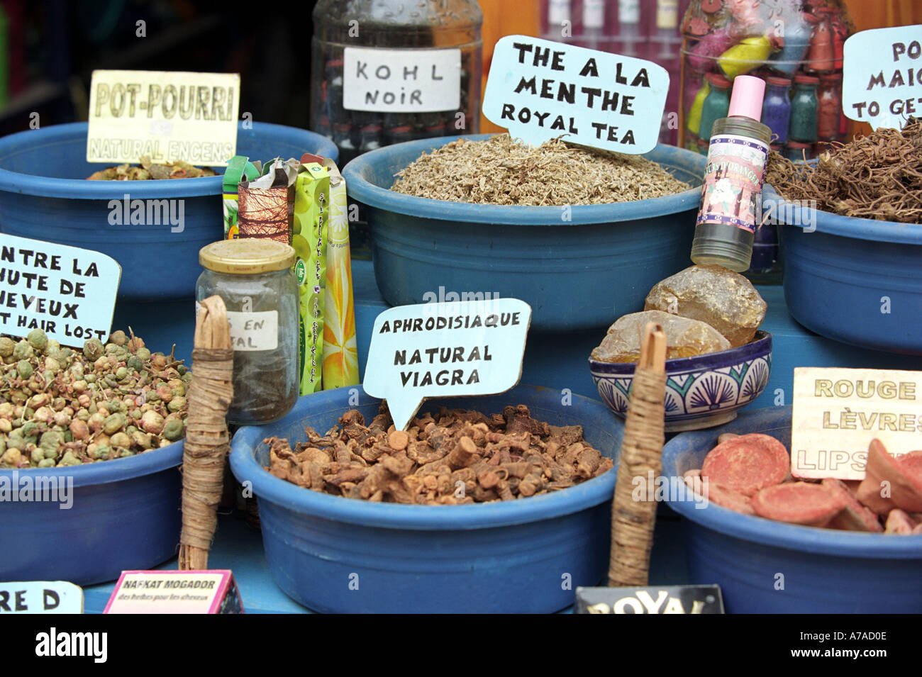 Viagra di erbe in vendita in un mercato in Marrakech Marocco Africa del Nord Foto Stock