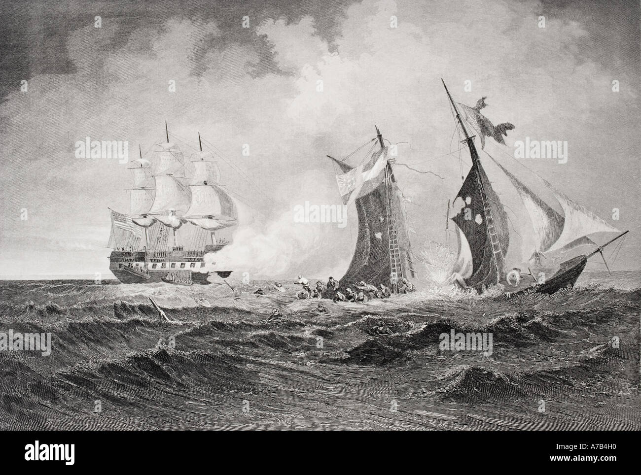 Distruzione del corsaro Petrel da St Lawrence durante la Guerra Civile Americana, 1861. Artista Paolo Manzoni. Foto Stock