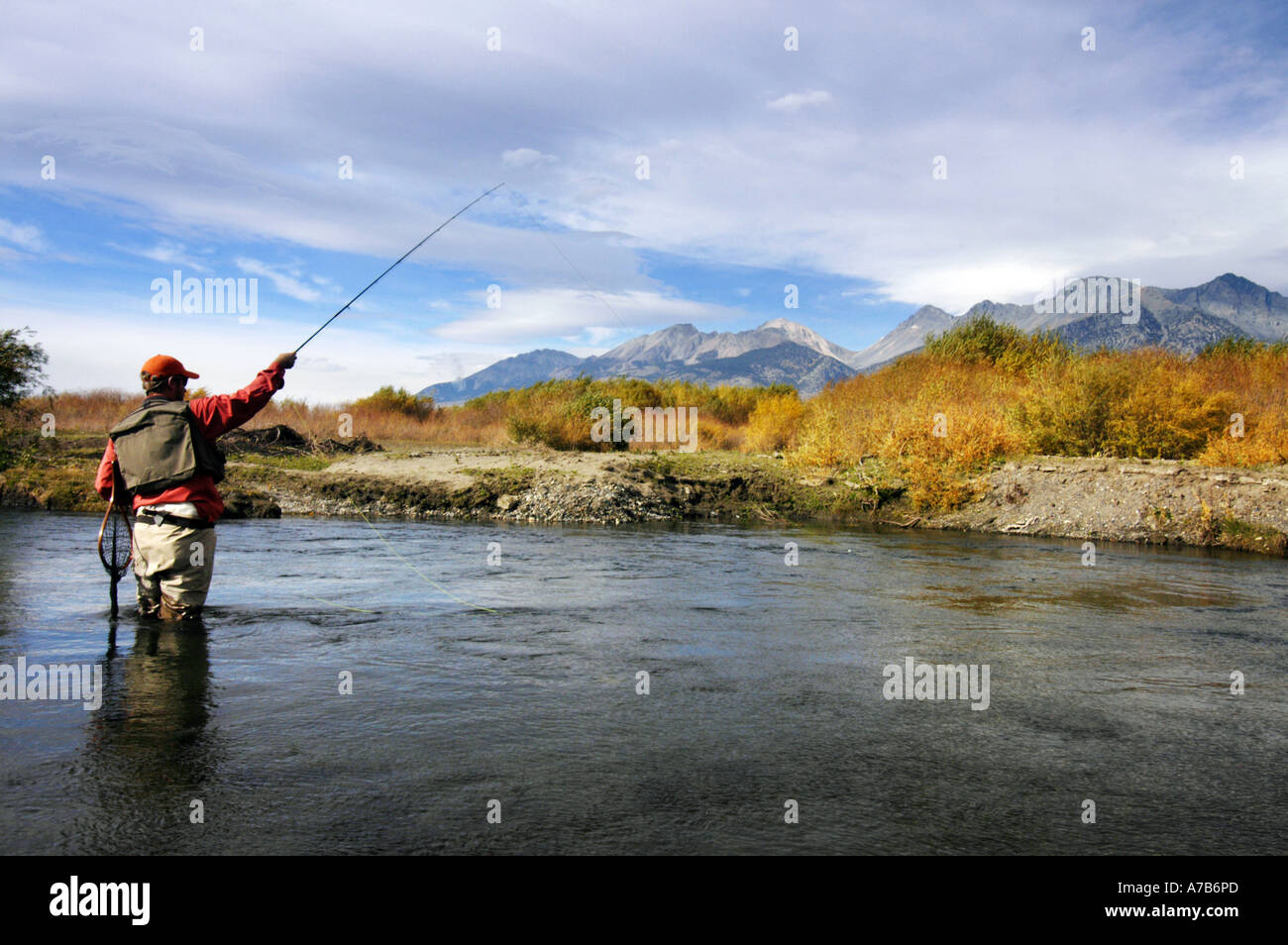 Idaho Mackay Big Lost River uomo pesca a mosca un fiume in autunno Foto Stock