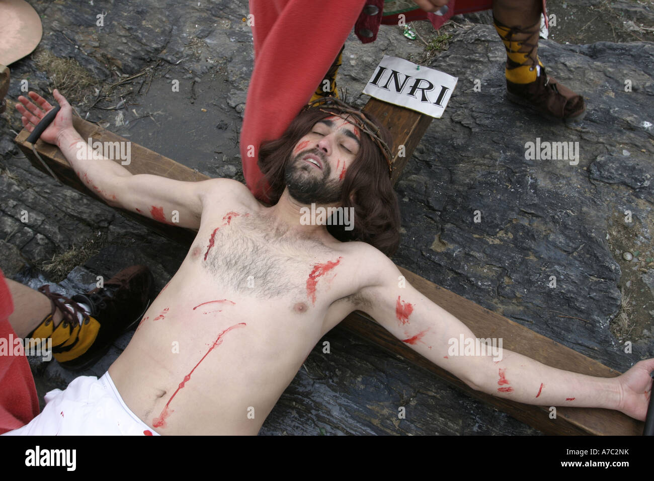 Venerdì Santo rievocazione della morte e crocifissione di Gesù nel Bronx, New York. Foto Stock