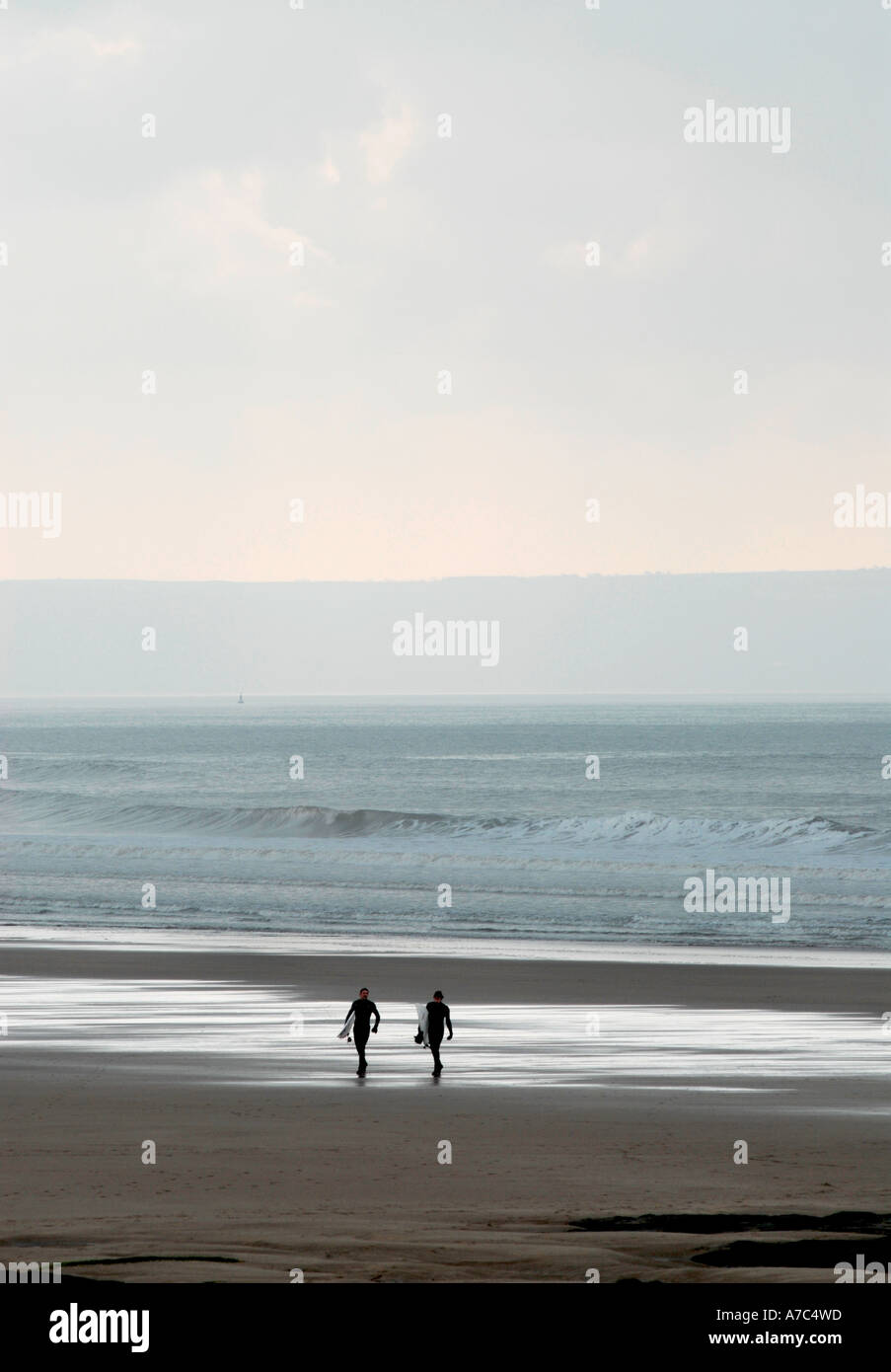 Due surfer stagliano camminando lungo la spiaggia Foto Stock