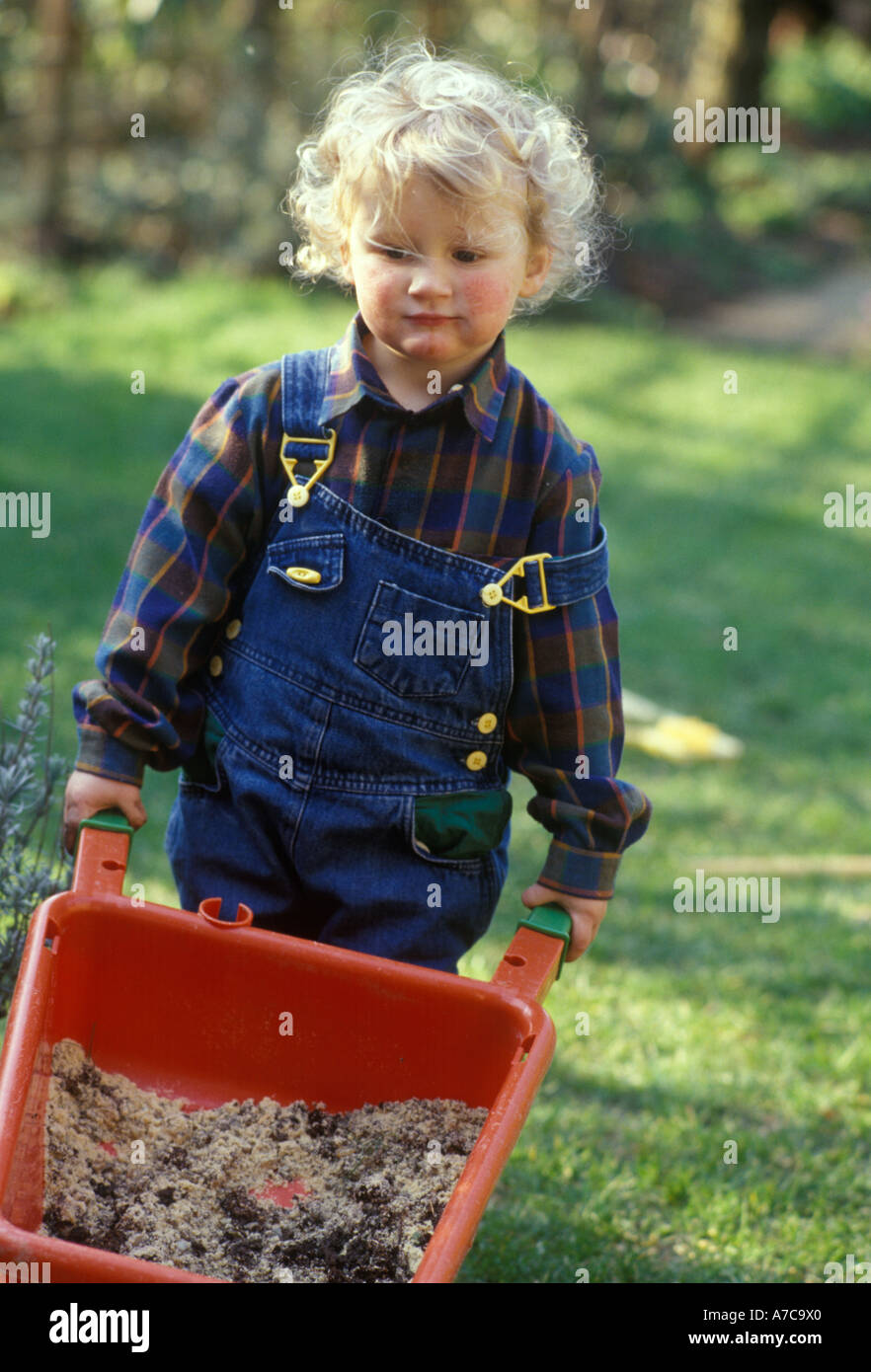 Ragazzo con ruota di barrow in giardino Foto Stock