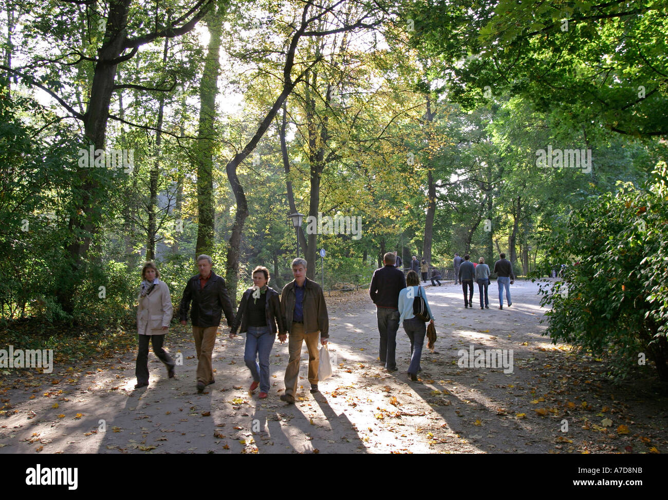 Monaco di Baviera, GER, 15. Ottobre 2005 - La gente cammina sotto leafes colorate nel Giardino Inglese di Monaco di Baviera. Foto Stock