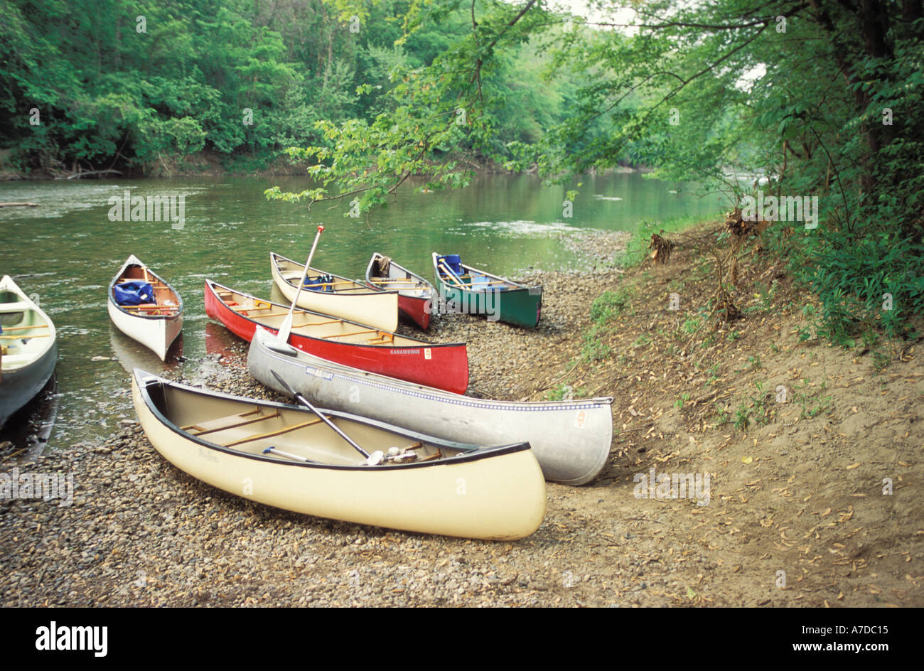 Canoe sulla riva della forcella centrale del fiume Vermiglio un nazionali designati scenic river Kickapoo membro park Illinois Foto Stock