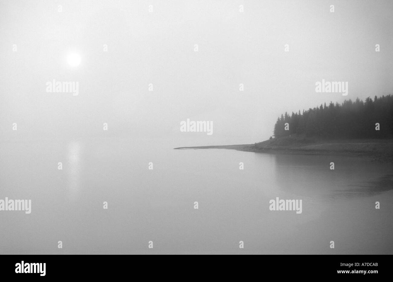 Misty sunrise Lago Tekapo Nuova Zelanda mono Foto Stock