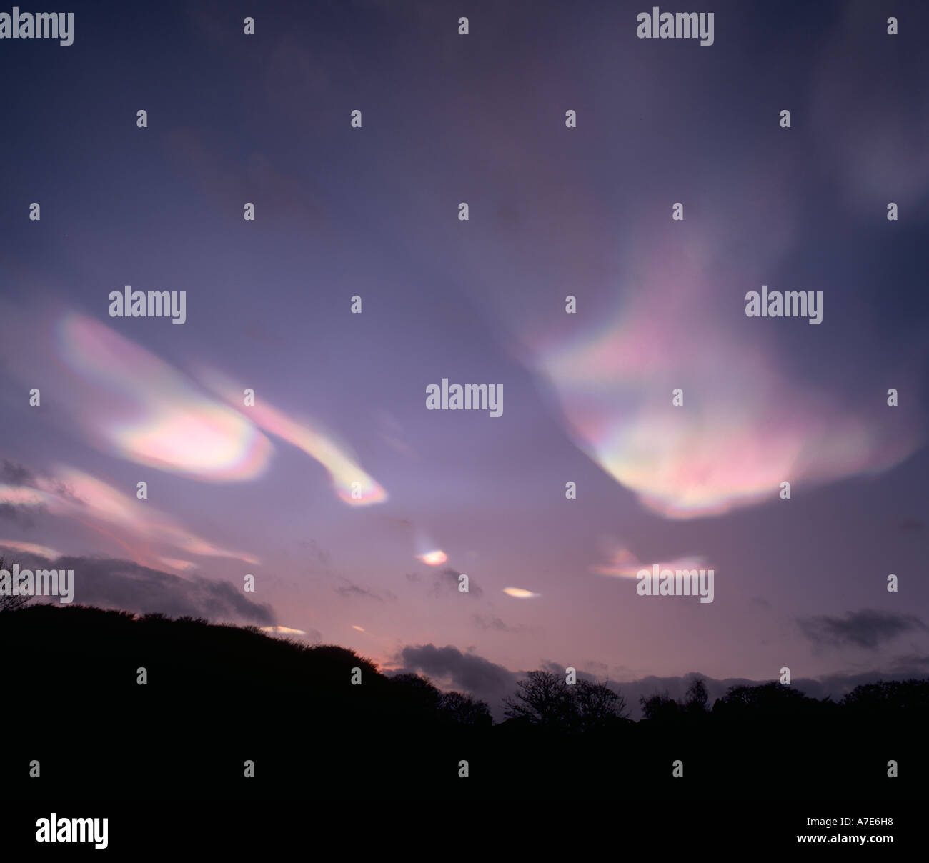 Drammatica la formazione di nube come un risultato di alta quota di cristalli di ghiaccio che riflette il sole di sera, Hertfordshire, Regno Unito Foto Stock