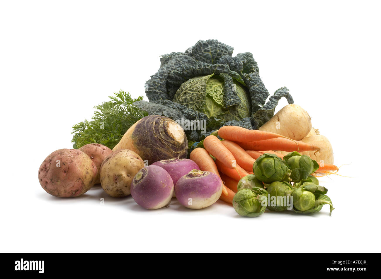 Selezione di verdure invernali carota svedese rapa patata pastinaca cavolo verza e brussel germoglio Foto Stock