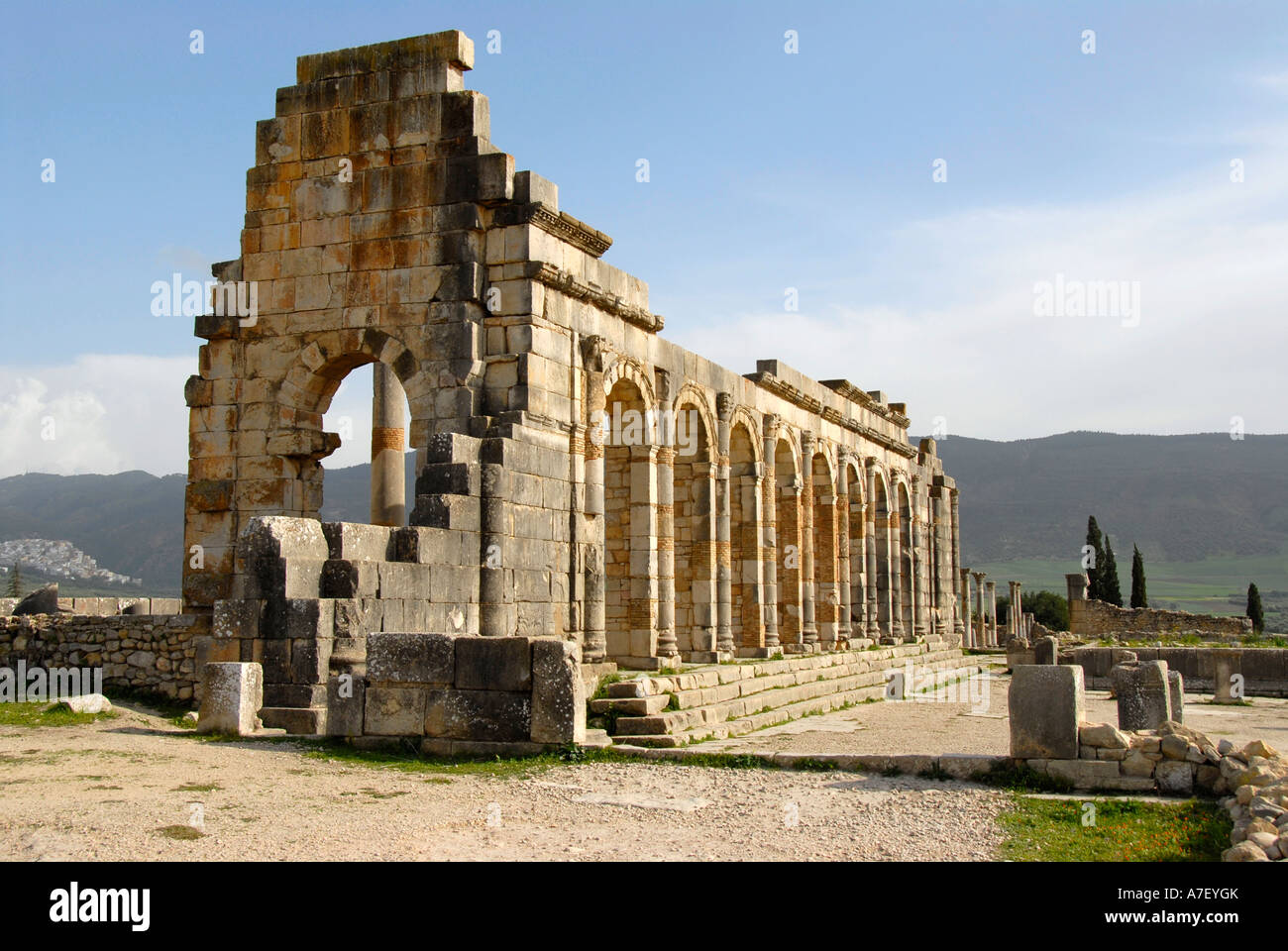 Basilica paleocristiana di scavi archeologici dell antica città romana Volubilis Marocco Foto Stock