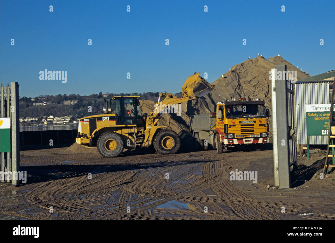 GWYNEDD GALLES DEL NORD Jan un gatto di scavo di sabbia di carico su un automezzo pesante Foto Stock