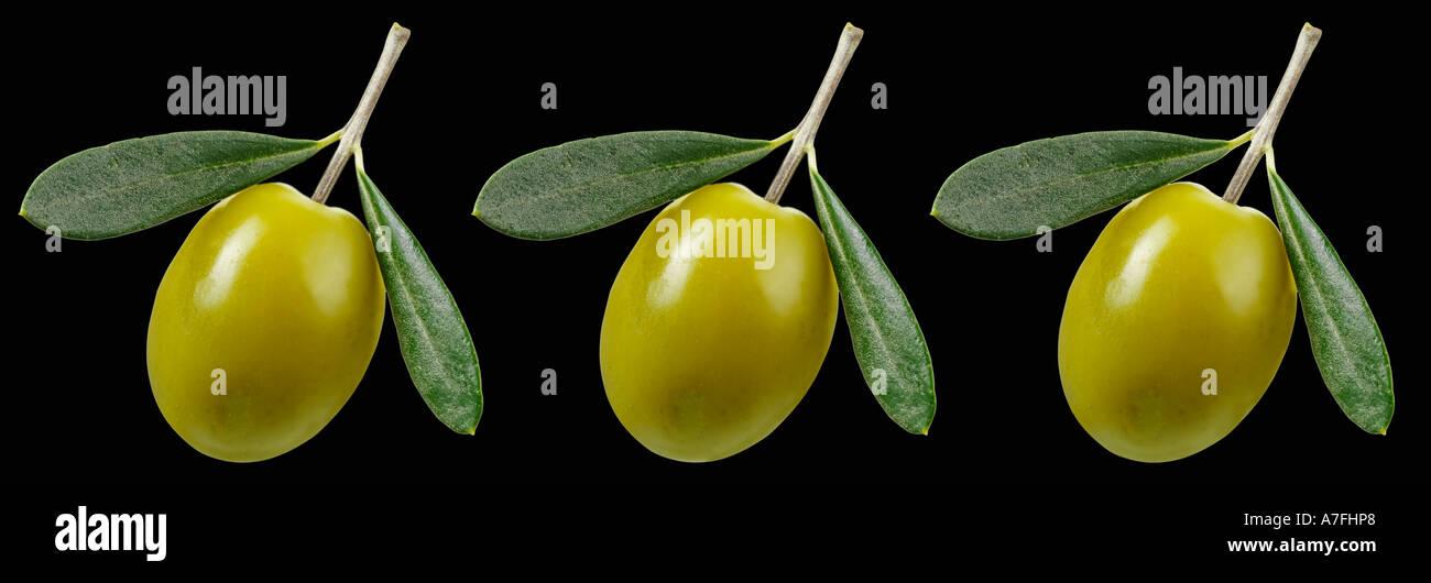 Fila di olive su nero Foto Stock