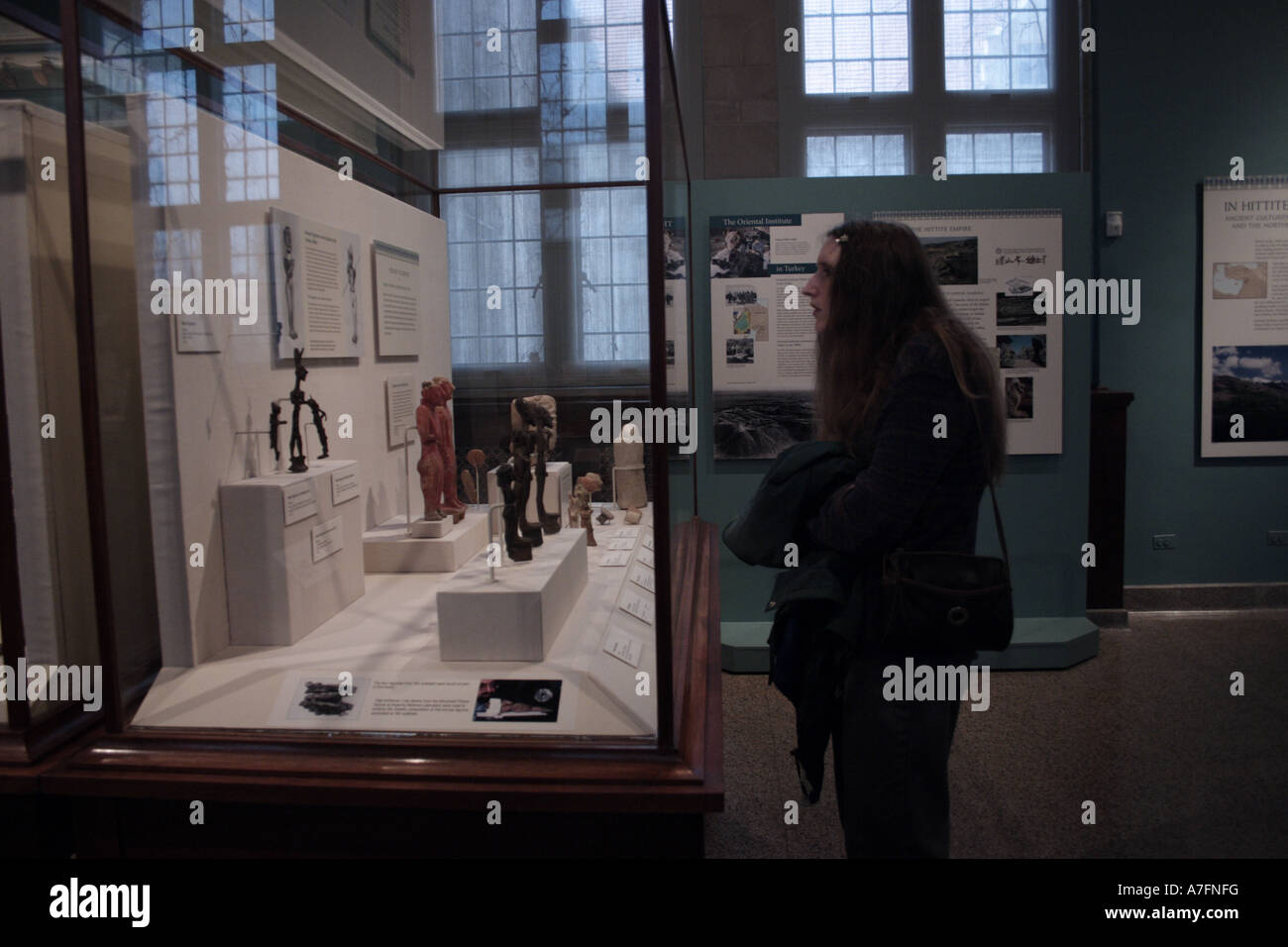 Visitatore guardando casi presso l'Istituto Orientale Chicago Illinois Foto Stock