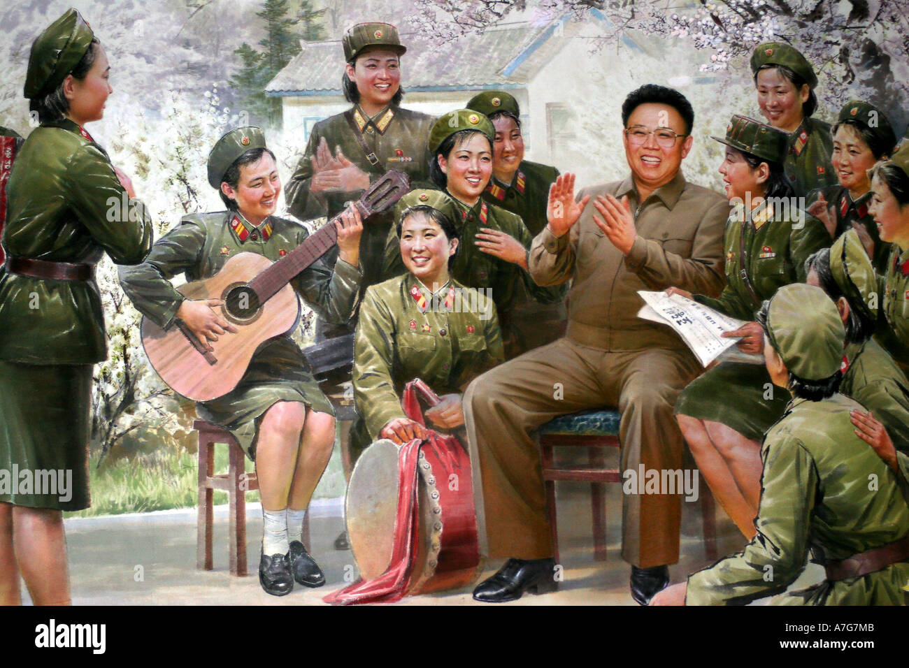 La pittura in arte coreana museo mostra Kim Il Sung e Kim Jong Il con le loro forze armate. Foto Stock