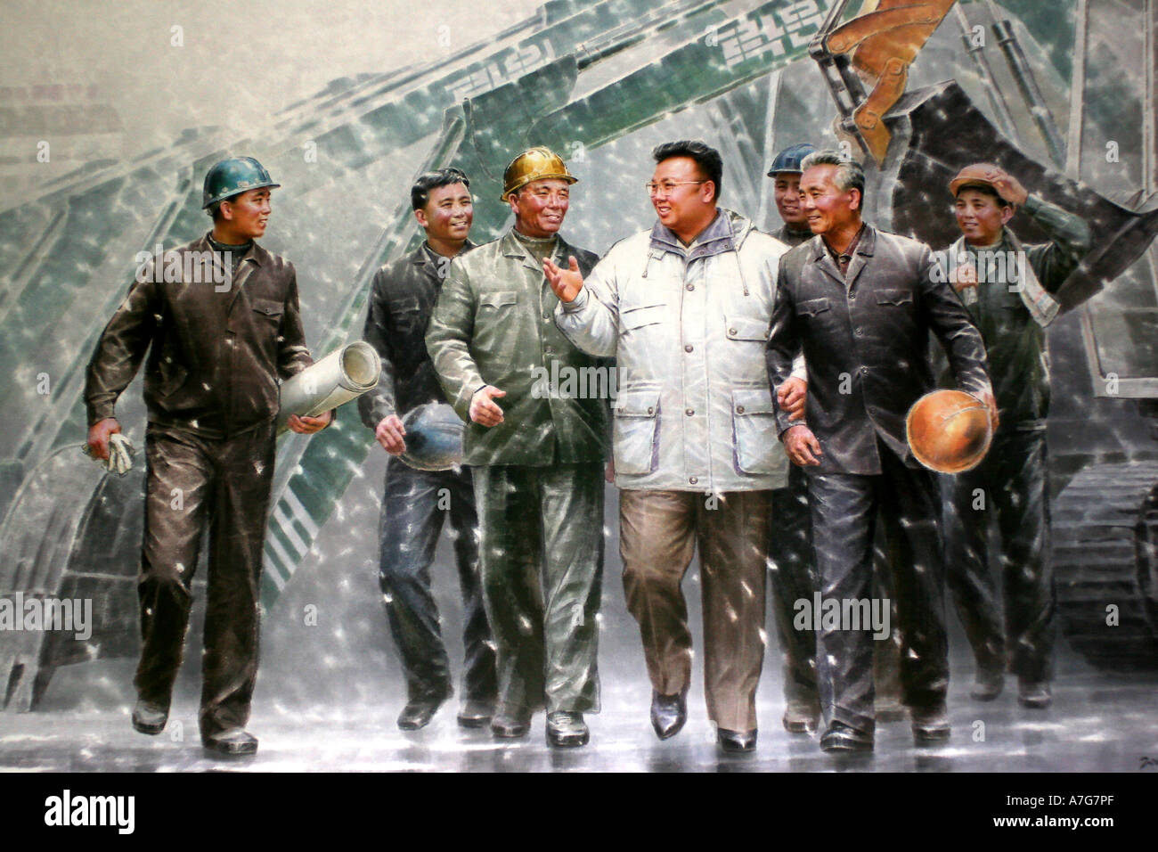La pittura in arte coreana museo del leader Kim Jong Il visitando i suoi lavoratori Foto Stock
