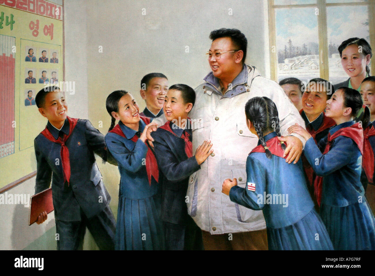 La pittura in arte coreana museo del leader Kim Jong Il visitando i bambini in una scuola Foto Stock