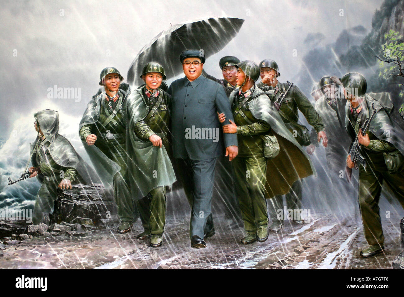 La pittura in arte coreana museo del leader Kim Jong Il visitando le sue truppe Foto Stock