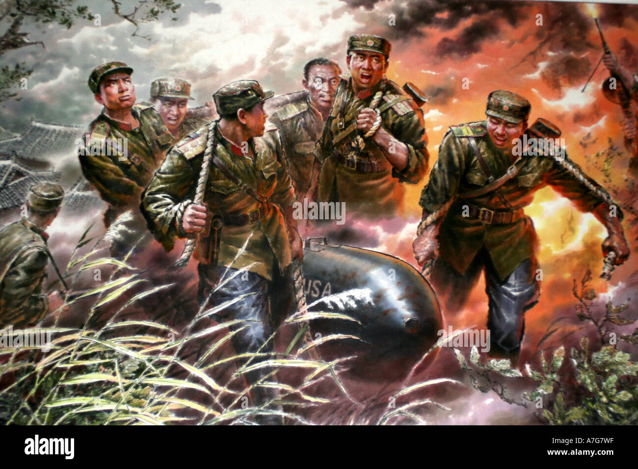 La pittura in arte coreana museo del Nord le forze Coreane avendo acquisito un inesplose bomba americana Foto Stock