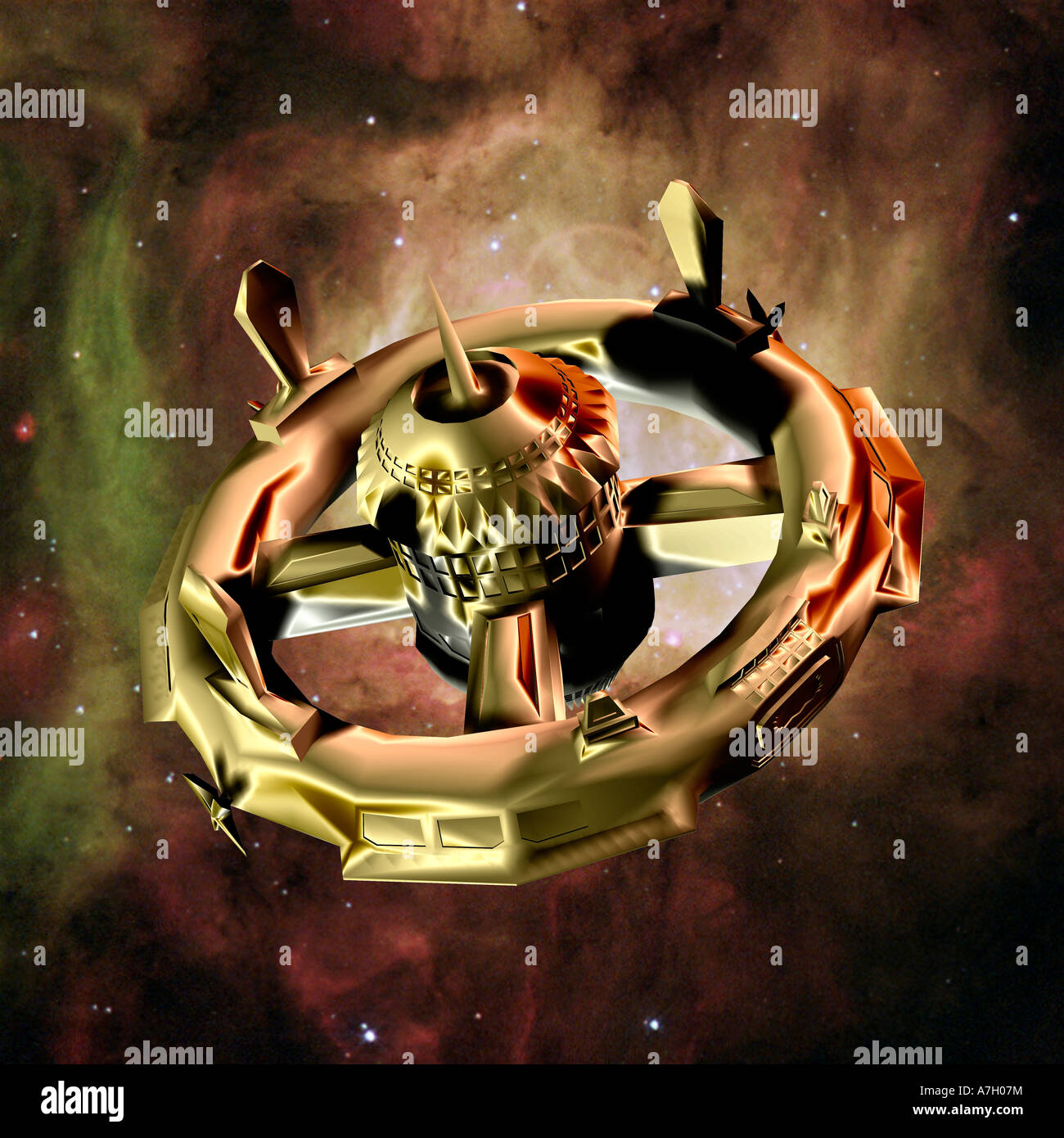 Computer immagine generata di un veicolo spaziale che viaggia attraverso lo spazio esterno Foto Stock