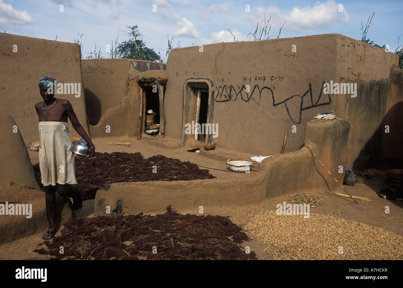 Composto di fango con la Guinea mais e arachidi essiccazione, Sirigu village, Upper East regione, Ghana Foto Stock