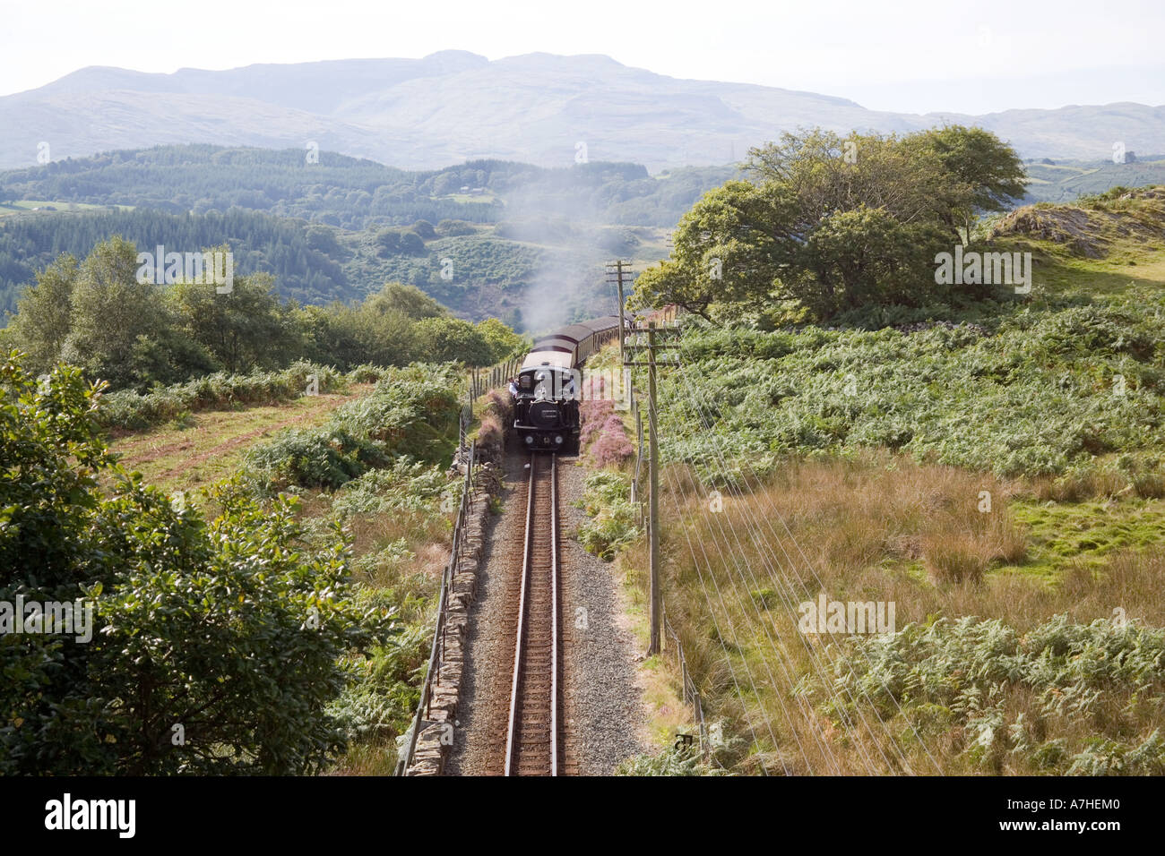 Treno a vapore sul Ffestiniog railway nelle colline tra Porthmadog e Blaenau Ffestiniog,il Galles del Nord Foto Stock