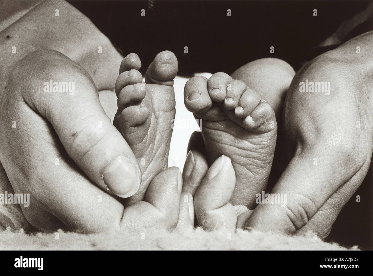 Adorabili piedi del bambino cullato in un madri mani amorevoli Foto Stock