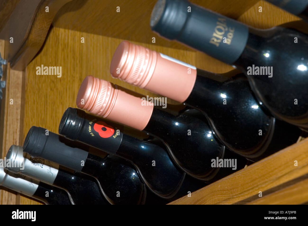 Bottiglie di vino rosso in legno Scaffalature di vino Foto Stock