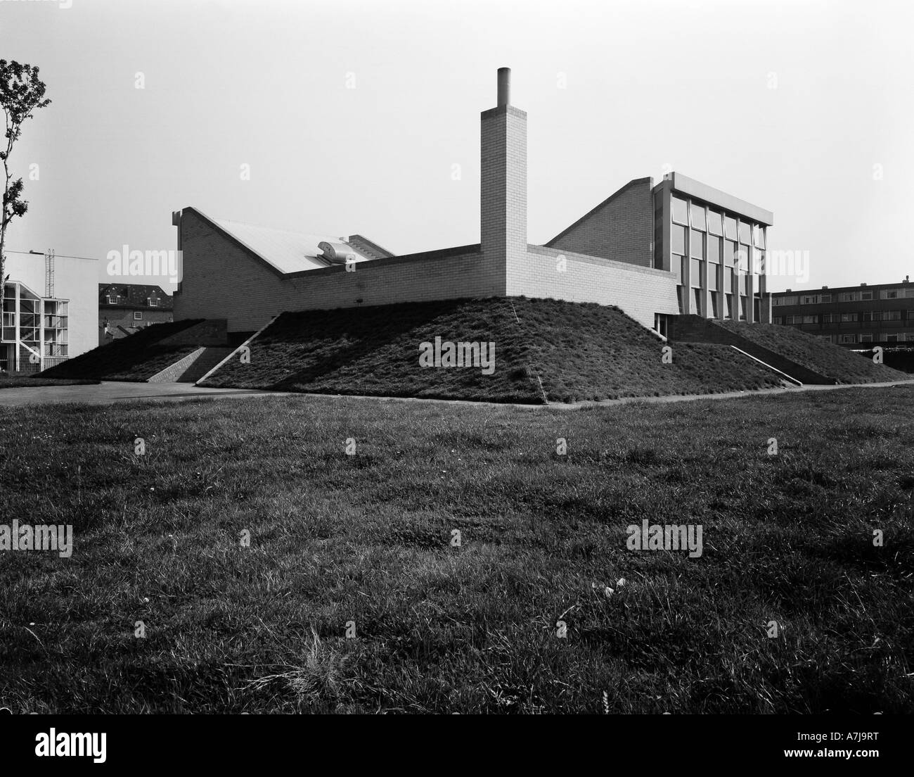 Pranzo a scuola e Assembly Hall, Brunswick Park Primary School, Camberwell, 1958. Architetto: Stirling e Gowan Foto Stock